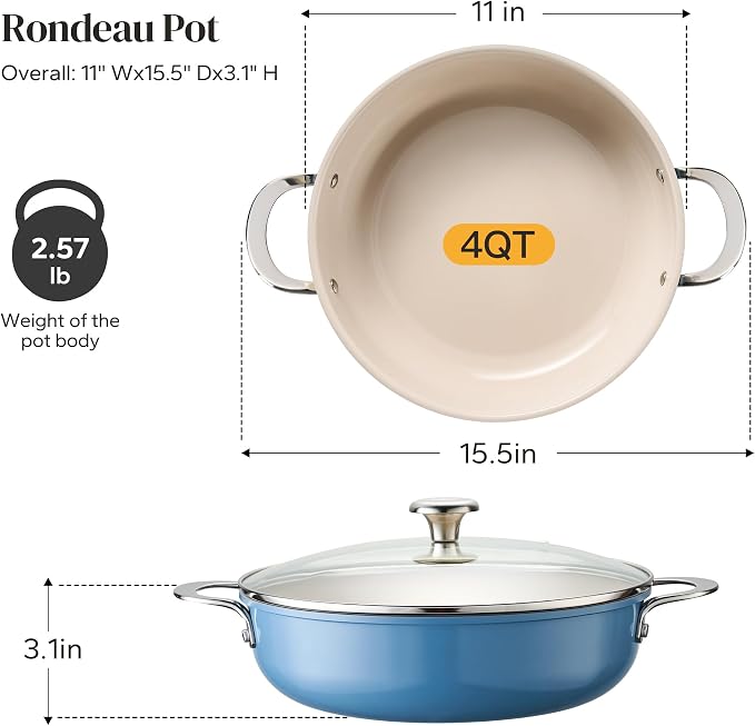 Redchef Stock Pot with Lid, Ceramic Soup Pot 4 Quart, Nonstick Stockpot Fits All Stoves, Induction Cooking Pot for Stews, Even Heating, Stay Cool Handle, Oven/Dishwasher Safe, PFAS Free (Blue)