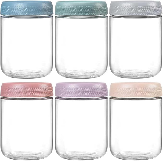 Glass Jars with Plastic Lids [Set of 6], Canisters with Airtight, Glass Food Storage Containers for Coffee, Sugar,Tea, Candies, Cookies