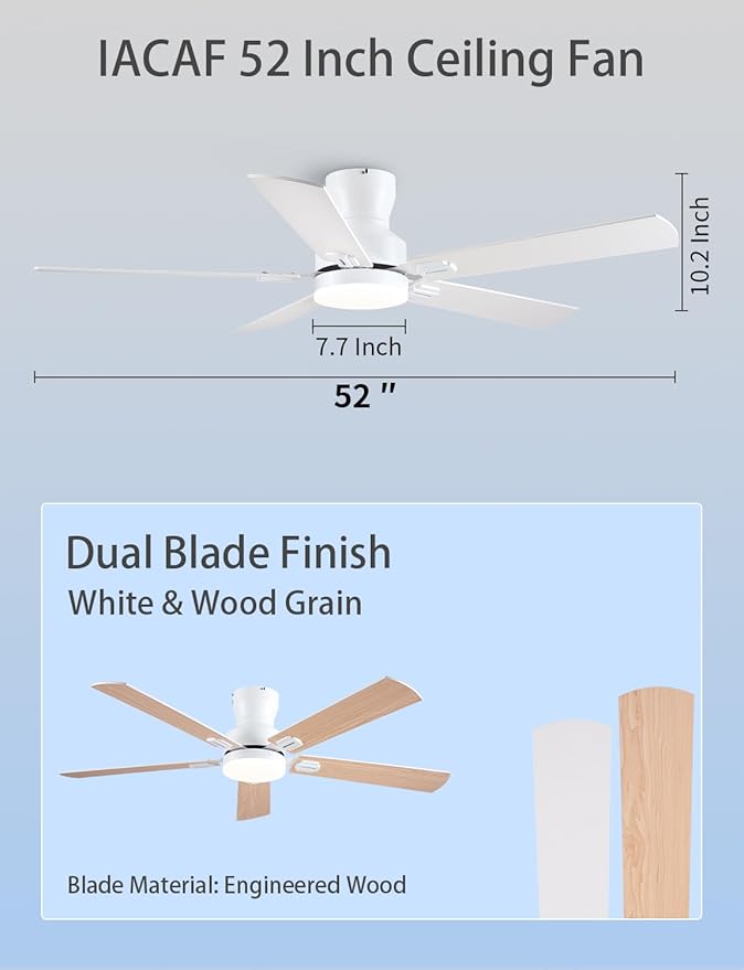 Ceiling Fans with Lights, 52 inch Low Profile Ceiling Fan with Light and Remote/APP Control, Modern Flush Mount Ceiling Fan for Indoor Bedroom Living Room, Dimmable, Qiuet DC Motor, White