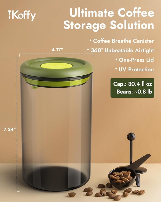 Airtight Coffee Canister – One-Way CO₂ Valve, UV Protection, 3X Thicker Glass, Coffee Bean Storage Container for Ground Coffee & Tea, 40.6 fl oz, for 1 lb Beans