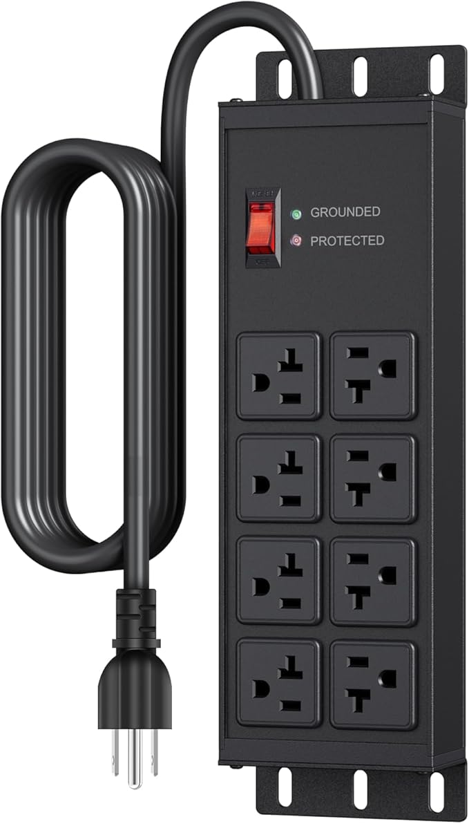JUNNUJ Heavy Duty Surge Protector Power Strip 4800J, Garage Metal 8 Outlets 20 Amp 12 Gauge, High Amp 5-15P Adapter Shop 6-20R T-Slot Industrial Outlet, 4 FT Extension Cord Commercial for Appliance