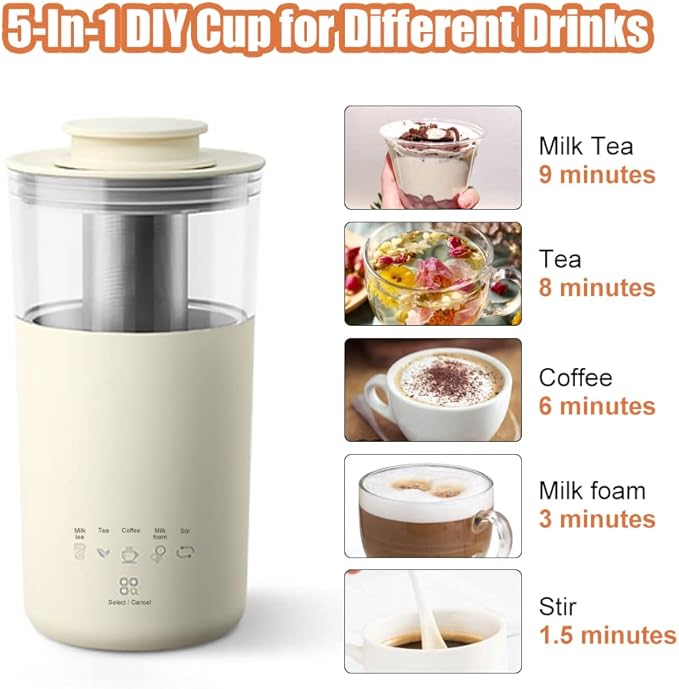 WOOLALA 5-In-1 Portable Electric Kettle DIY Differen Drinks, 110V Milk Tea Machine Coffee Maker Auto Stir Milk Foam Maker 350ML Personal Travel Mug, 7Minutes Fast Boiling