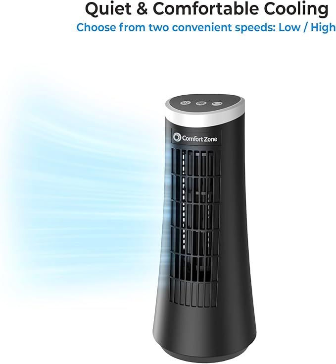 Comfort Zone 12-Inch Oscillating Desktop Tower Fan – Ultra-Slim Bladeless Design with 2 Speeds, Electronic Touch Controls & Carry Handle – Quiet Portable Personal Fan for Bedroom, Dorm, or Office
