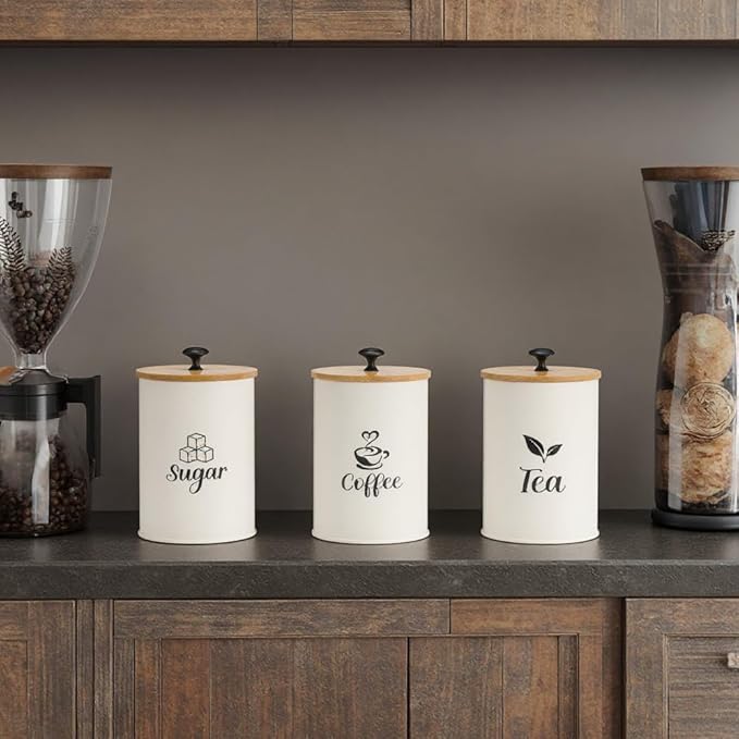 3 Pack Kitchen Canisters with Bamboo Lids, Metal Canister Set for the Kitchen Counter, Airtight Coffee Container Tea Organizer & Sugar Canister, Rustic Kitchen Decor Containers-Beige
