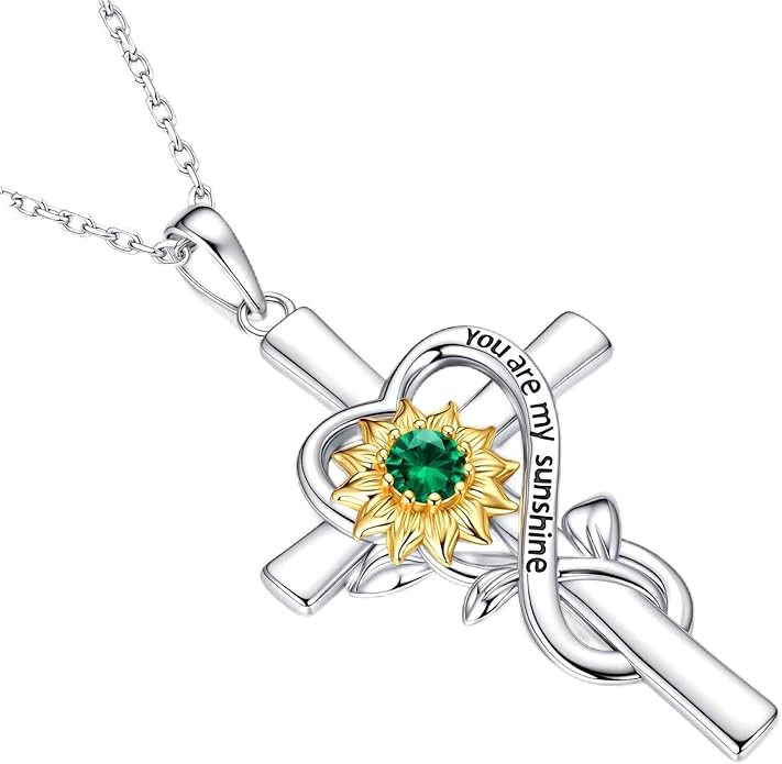 Iefil Mothers Day Gifts for Wife Mom - Sunflower Cross Necklace, 925 Sterling Silver Birthstone Necklace for Women Wife Mom