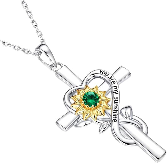 Iefil Mothers Day Gifts for Wife Mom - Sunflower Cross Necklace, 925 Sterling Silver Birthstone Necklace for Women Wife Mom