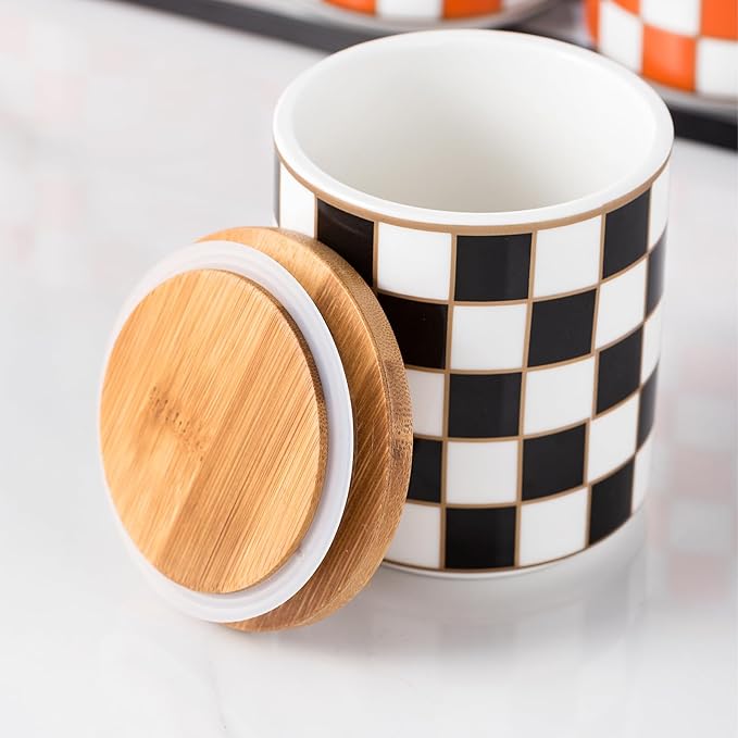 Kitchen Countertop Ceramic Checkered Canisters,Black And White Food Storage Containers With Lid,Airtight Kitchen Canisters for Flour, Sugar, Coffee, Tea, and Dry Goods (Black, Small)