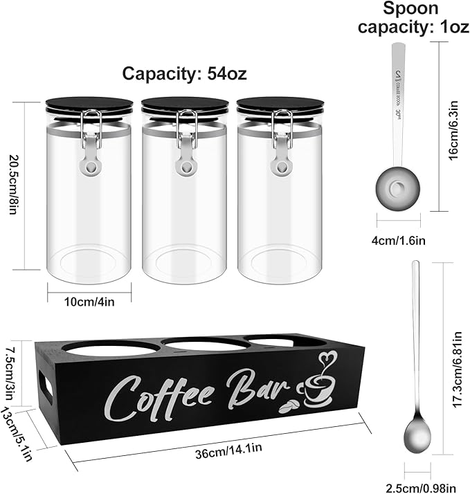 MACIFECI Glass Coffee Containers with Shelf Coffee Station Organizer 54oz Black Glass Coffees Bean Storage Canister with Spoon Coffee Canister Set Kitchen Food Storage Jars for Coffee/Sugar/Candy