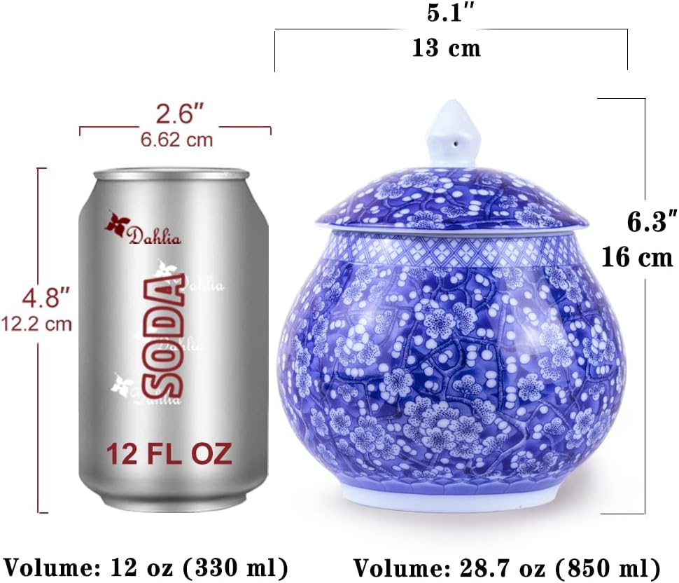 Dahlia Blue and White Porcelain Tea Canister for Loose Tea, Airtight Jingdezhen Tea Caddy, Sakura 850 ML