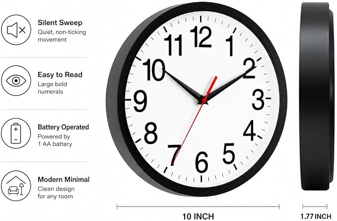 Rohioue Wall Clock Analog 10 Inch Black Battery Operated Silent Clock | Easy To Read, Non Ticking, Round, Accurate, Kitchen, Living Room, Classroom, Office, School