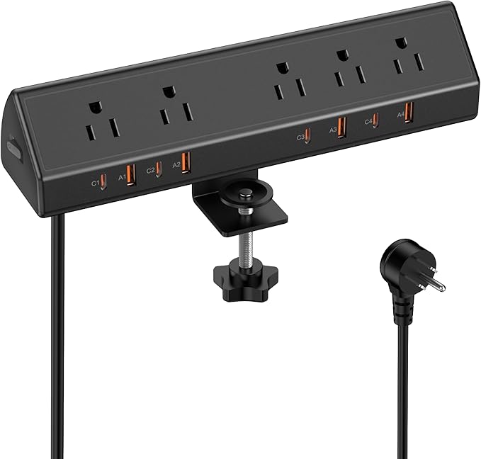 VILONG Desk Clamp Power Strip,65W Total Fast Charging Station,Desk Edge Mount Power Strip,8 USB Ports (4 USB C) & 5 AC Outlets,1200J Surge Protector (Black, 6, Feet, Power Strip)