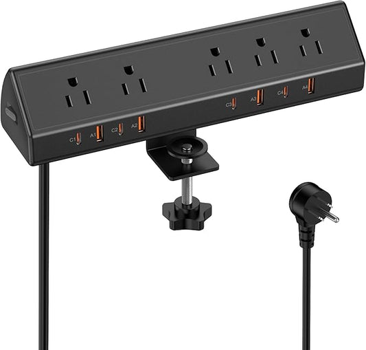 VILONG Desk Clamp Power Strip,65W Total Fast Charging Station,Desk Edge Mount Power Strip,8 USB Ports (4 USB C) & 5 AC Outlets,1200J Surge Protector (Black, 6, Feet, Power Strip)