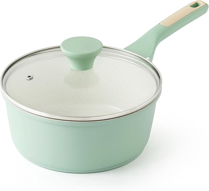 SENSARTE Ceramic Nonstick Saucepan with Lid 2.0QT, PTFE/PFAS Free, Green | Kitchen Cooking Pot with Stay Cool Handle, Induction Compatible, Ceramic Coating