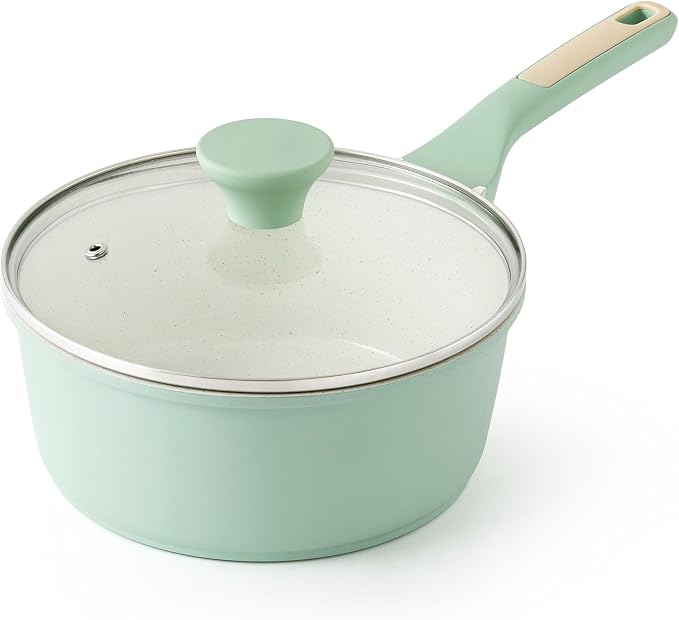 SENSARTE Ceramic Nonstick Saucepan with Lid 1.5 QT, PTFE/PFAS Free, Green | Small Kitchen Cooking Pot with Stay Cool Handle, Induction Compatible, Ceramic Coating