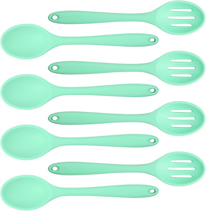 8 Pcs Heat Resistant Non Stick Silicone Serving Spoons Set -Ideal for Cooking, Baking, Mixing, Stirring Includes Slotted & Solid Spoons, Design for Nonstick Cookware (Green)