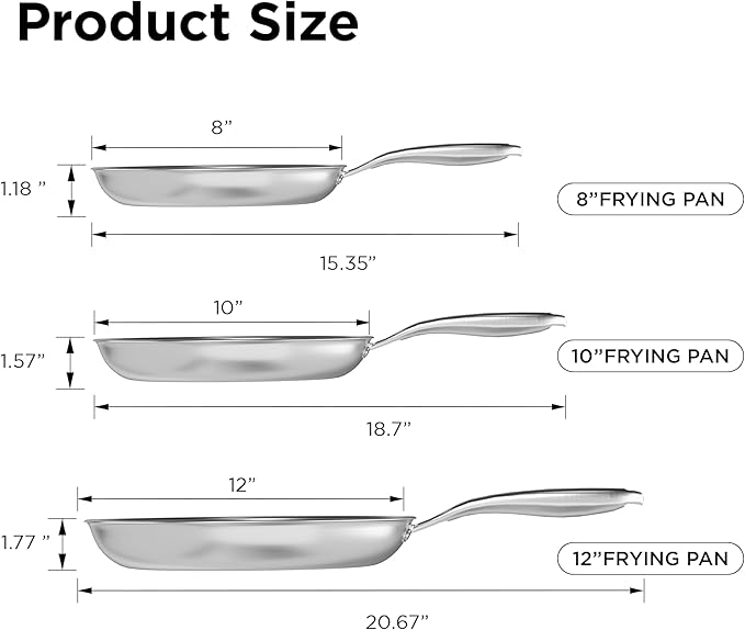 COOKER KING Stainless Steel Pans Set of 3 (8+10+12 Inch), Nonstick Frying Pans, Induction Pan Set, Chef's Pan, Skillets Dishwasher & Oven Safe, Stay-Cool Handles, Compatible with All Cooktops