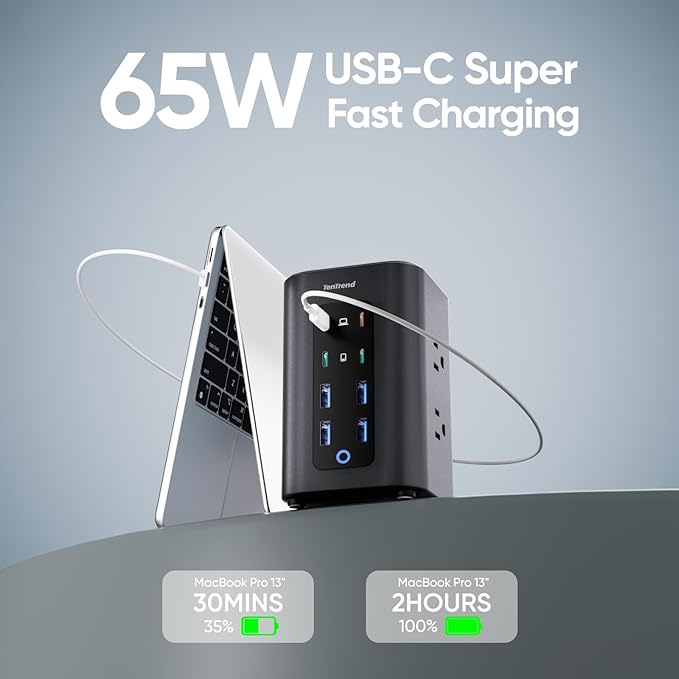TenTrend Power Strip Tower, 230W Total Fast Charging Station for Multiple Devices, 10FT Extension Cord Tower with 6 Outlets 8 USB(4 USB C), 2000J Surge Protector for Home Office, Dorm Essentials