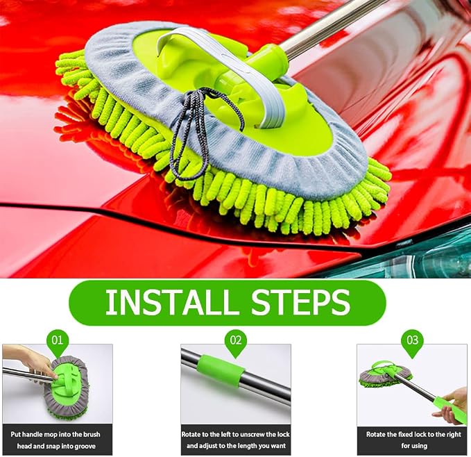 47.5" Car Wash Brush Mop Cleaning Tool with Long Handle Kit for Washing Detailing Cars Truck, SUV, RV, Trailer, Boat 2 in 1 Chenille Microfiber Sponge Duster Not Hurt Paint Scratch Free