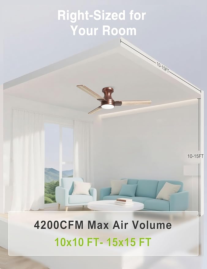 DAMINY 42 inch Ceiling Fans with Lights,3 Blades,6CCT, Low Profile Ceiling Fan with Light and Remote Control,Ceiling Fan for Bedroom, Kitchen,Indoor/Outdoor Use,Flush Mount-Brown