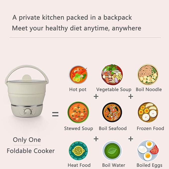 Drizzle Foldable Electric Cooker Travel Hot Pot - Dual Voltage 100V-240V Hot Pot Cooking - Food Grade Silicone Cookerware Boiling Water Steamer - Camping Office Hotel Noodle Porridge Soup Dorm