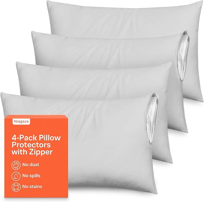 Ultra Soft Pillow Protectors with Zipper Queen Size - Set of 4 Breathable Pillow Covers - 100% Protection Against Stains, Dust & Dirt - Machine Washable (Light Gray)