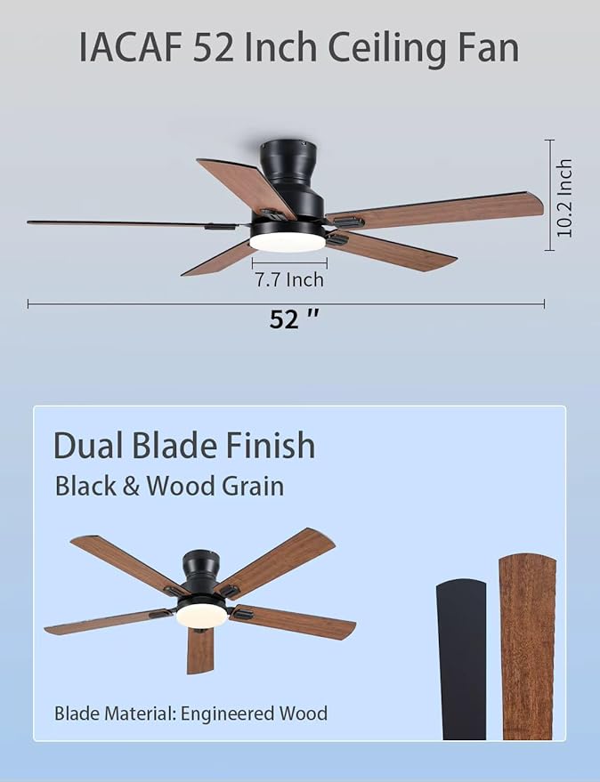 Ceiling Fans with Lights, 52'' Low Profile Ceiling Fan with Light and Remote/APP Control, Modern Flush Mount Ceiling Fan for Indoor Bedroom Living Room, Dimmable, Qiuet DC Motor, Brown