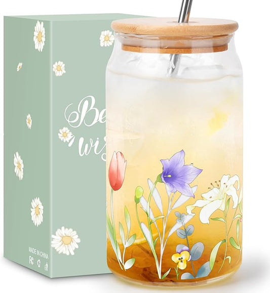 Mothers Day Mom Gifts from Daughter Son, Funny Birthday Gifts for Women Her Wife from Husband, Retirement Anniversary Mothers Day Presents for Mama Stepmom Mother In Law, Flower Glass Coffee Cup 16OZ