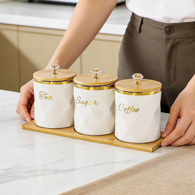 White Ceramic Storage Canister for Coffee Sugar Tea Containers Set of 3, Coffee Sugar Tea Canisters Set with Bamboo Lids and Tray, Airtight Food Storage Jars for Kitchen Pantry