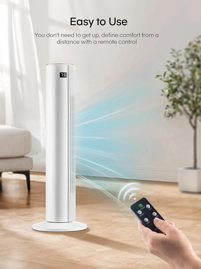 Tower Fan for Bedroom, Quiet Oscillating Floor Fans with 70°, Remote Control, 3 Modes, 3 Speeds, 12H Timer, 30" Bladeless Standing Fan for Home, Office, Living Room, White