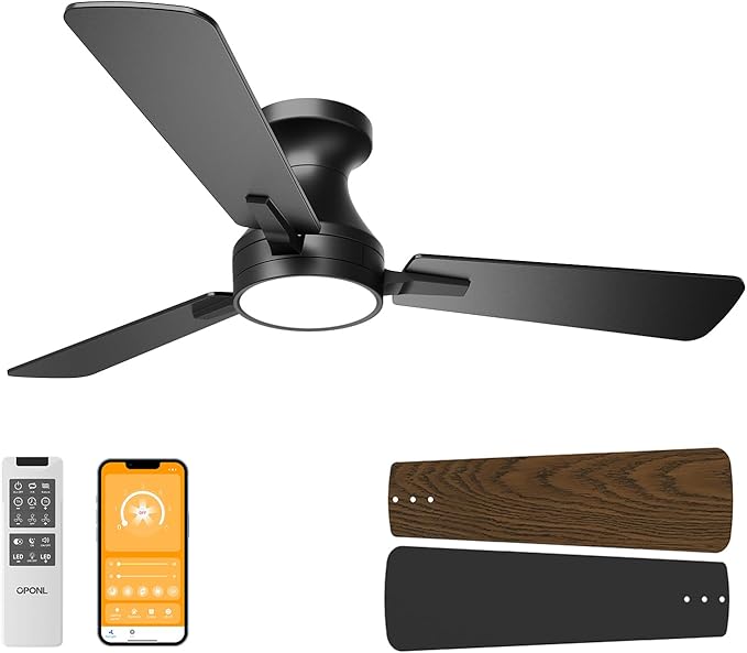 OPONL 42 Inch Black Ceiling Fan with Light, Remote Control, Noiseless, Reversible, 6CCT, Dimmable, Timeable, Metal Housing, Flush Mount Ceiling Fans with Lights for Bedroom, Indoor/Outdoor Use