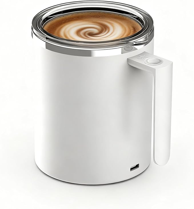 Self Stirring Mug, 12.2 oz Self Stirring Coffee Mug with Magnetic Stirrer & Anti-Sedimentation, Rechargeable Auto Magnetic Coffee Mug for Coffee, Milk, Hot Cocoa (White)