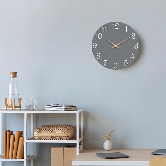 Mosewa Wall Clock Gray Battery Operated Silent Non Ticking Simple Modern Wood Clock Decorative for Bedroom Living Room Home (8.2 Inch)