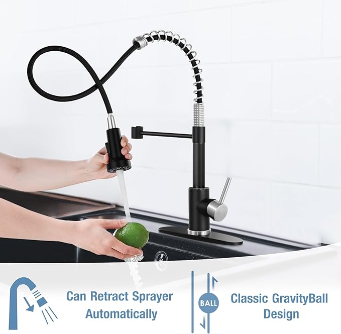 DJS Kitchen Faucets with Pull Down Sprayer Matte Black & Brushed Nickel - Single Handle 1 or 3 Holes Spring Kitchen Sink Faucet with Deck Plate for Farmhouse RV Vessel Basin