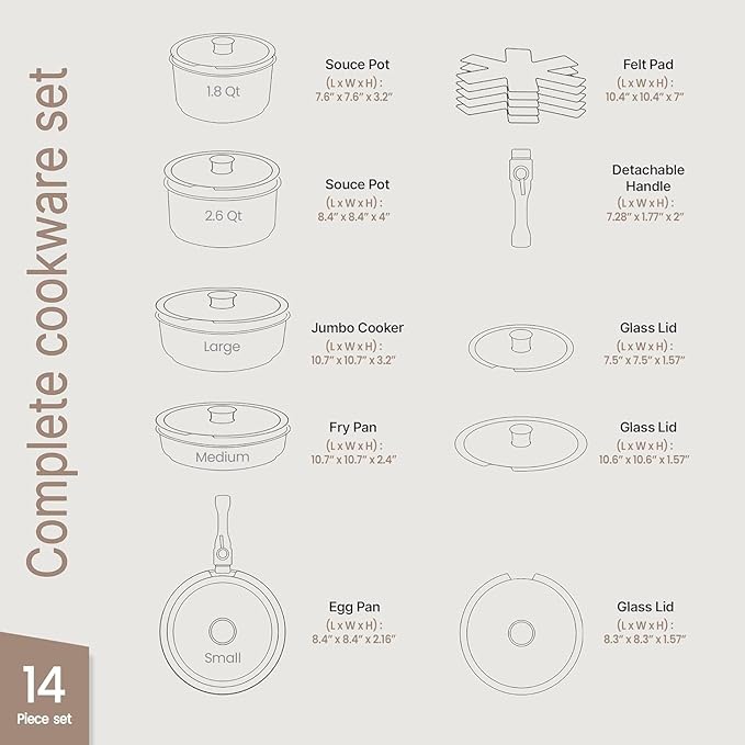 Pots and Pans Set Non Stick Ceramic-Granite – 14-Piece Cookware with Detachable Handles, Stackable Space-Saving, Dishwasher Safe, Stain-resistant, Oven & All-Stove Safe, Tempered Glass Lids, Brown