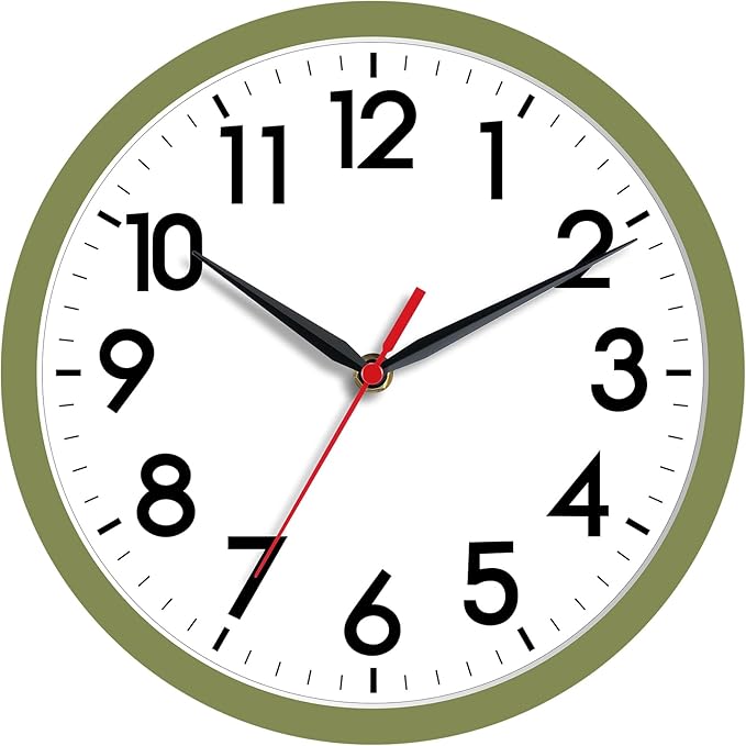 AKCISOT 8 Inch Wall Clock, Battery Operated Analog Clock, Silent Non-Ticking, Ideal for Bedroom, Bathroom, Kitchen, Office and School, Olive Green
