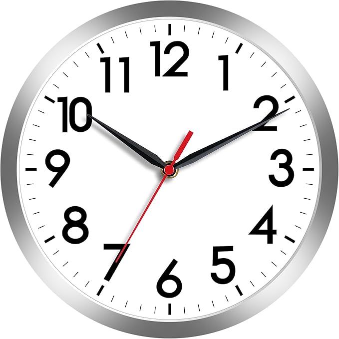 AKCISOT 8 Inch Wall Clock, Battery Operated Analog Clock, Silent Non-Ticking, Ideal for Bedroom, Bathroom, Kitchen, Office and School, Silver