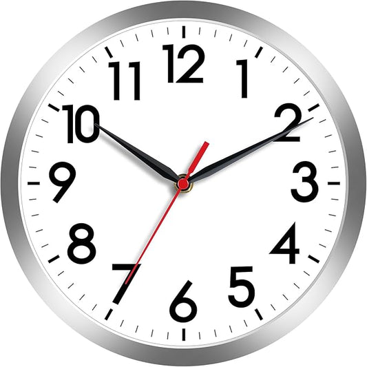 AKCISOT 8 Inch Wall Clock, Battery Operated Analog Clock, Silent Non-Ticking, Ideal for Bedroom, Bathroom, Kitchen, Office and School, Silver