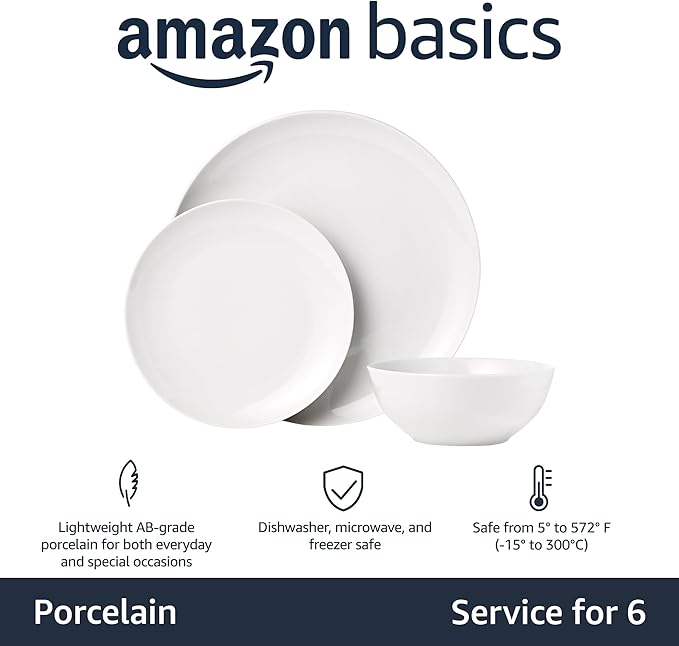 Amazon Basics 18-Piece Complete Kitchen Dinnerware Set, Microwave and Dishwasher Safe, Plates, Dishes, Bowls for Everyday Use, Service for 6, White Porcelain Coupe