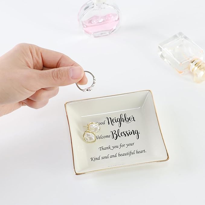 HOME SMILE Jewelry Tray, Ceramic Ring Dish - A Good Neighbor is a Welcome Blessing - Housewarming, Women Gift