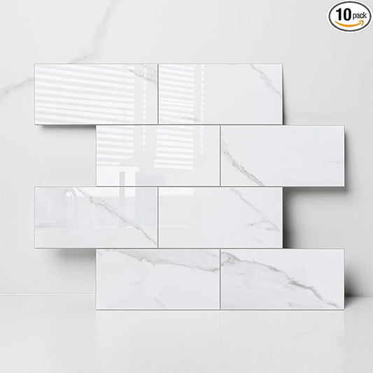 Colamo Luxury 10-Sheet Peel and Stick Backsplash,Self Adhesive Faux Stone 12”x12” White Subway Tile for Kitchen,Glossy Waterproof Carrara Brick Marble Look,Stick on Accent Wall for Bathroom,Bedroom