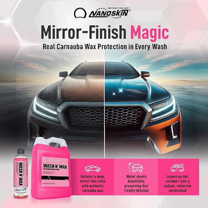 Nanoskin WASH N' WAX with Carnauba 55 gallons - Cleans & Shines in One Step | Works with Foam Cannon, Foam Gun, Bucket Washes, Pressure Washer | Carnauba Wax Protection for Cars