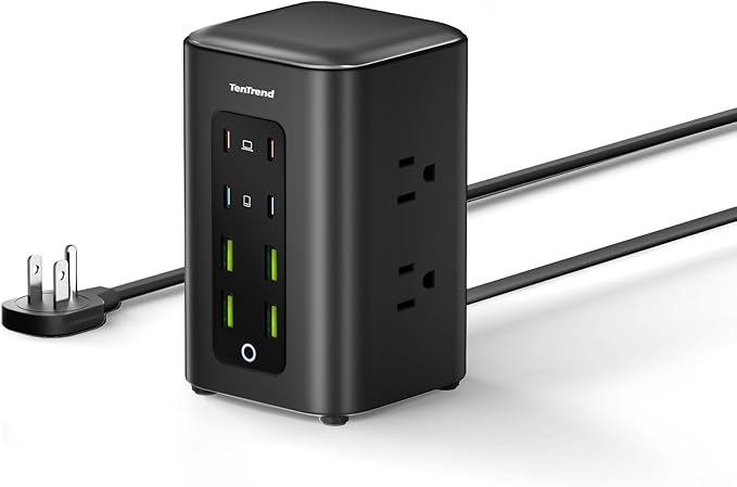 TenTrend Power Strip Tower, 350W Total Fast Charging Station for Multiple Devices, 5FT Extension Cord Tower with 6 Outlets 8 USB(4 USB C), 2000J Surge Protector for Home Office, Dorm Essentials