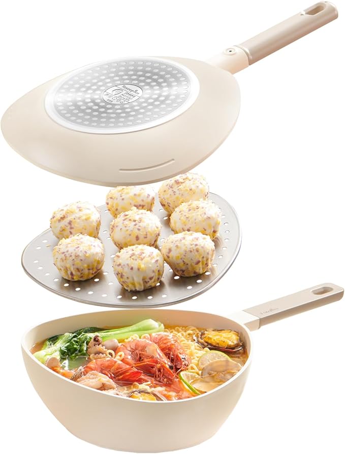 3QT Multipurpose Ceramic Sauce Pan/Saucepan - Reversible Skillet Lid, Steamer & Dual Strainers, Space-Saving Nesting, For All Stovetops & Dishwasher Safe