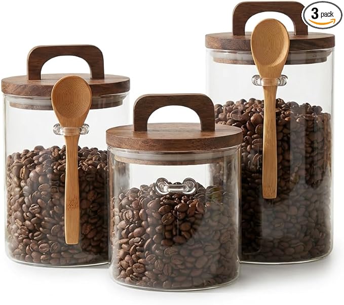 Glass Food Storage Canisters with Airtight Bamboo Lids – Set of 3 Clear 34oz Jars with Wooden Spoons, Stackable Kitchen Storage Containers for Coffee, Tea, Sugar, Flour, and Pantry Organization