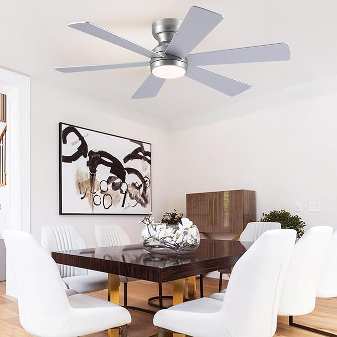 Asyko 46" Silver Low Profile Ceiling Fan with Light and Remote,Modern Flush Mount Ceiling Fans for Bedroom, Living Room, 6 Speeds, Dimmable, Timer, Quiet Reversible