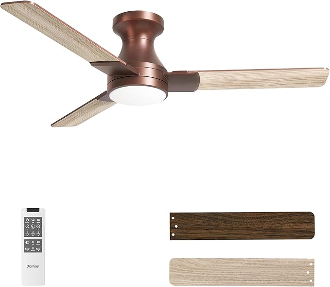 DAMINY 42 inch Ceiling Fans with Lights,3 Blades,6CCT, Low Profile Ceiling Fan with Light and Remote Control,Ceiling Fan for Bedroom, Kitchen,Indoor/Outdoor Use,Flush Mount-Brown