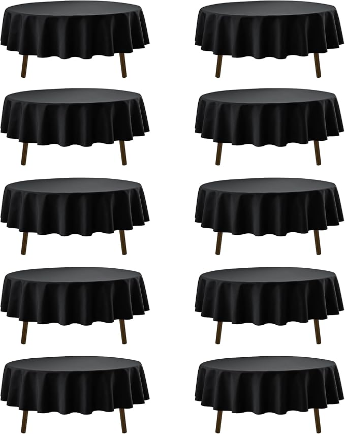 10-Pack Black Round Tablecloths, 84 Inches, Stain-Resistant Polyester for 3-5 Ft Round Tables - Washable Table Covers for Weddings, Banquets, Birthday Parties, Events