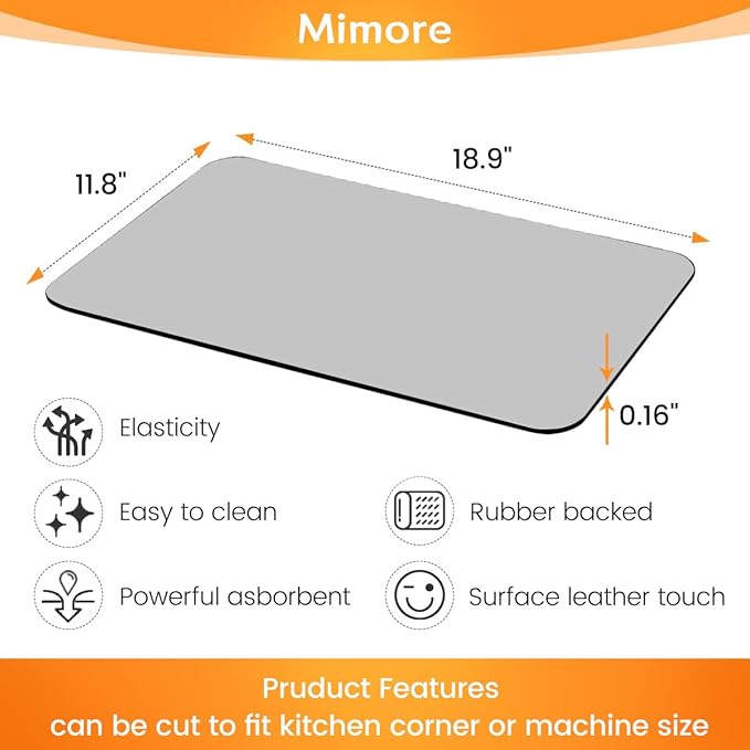 Mimore Coffee Mat - 19x12 Inch Light Grey Countertop Mat - Absorbent, Hides Stains, Rubber Backed - Dish Drying Mat Fits Under Coffee Maker