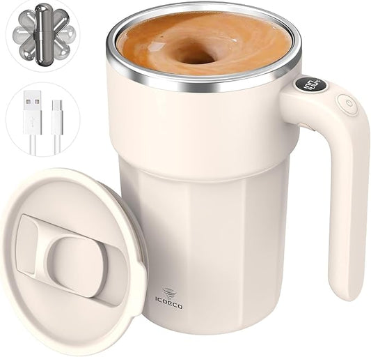 Self Stirring Coffee Mug, 12oz Rechargeable Magnetic Mixing Cup with Temperature Display, 316 Stainless Steel Electric Stirring Cup with Lid & Handle for Coffee, Cocoa, Matcha, Creamer, Mushroom Coffe