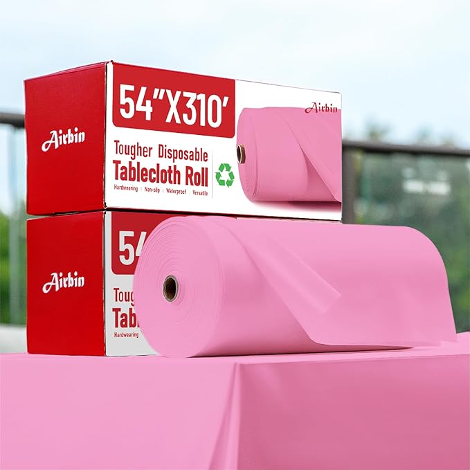 Plastic Table Cloth, 310 Ft X 54 in Plastic Table Cloth Disposable Pink Tablecloth with Any Cut Sliding Cutters Premium PEVA Disposable Tablecloth for Picnics, Parties, Birthdays, Festivals